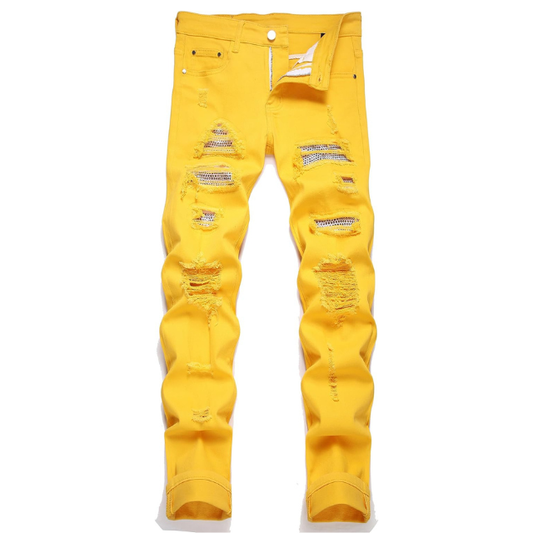 Men's Ripped Patch Elastic Jeans Fashion Slim Fit Regular Denim Pants