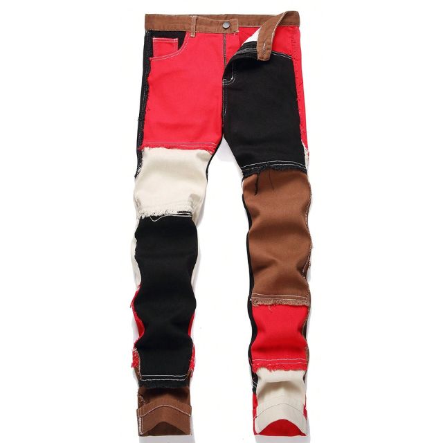 Men's Distressed Straight Slim Patchwork Jeans