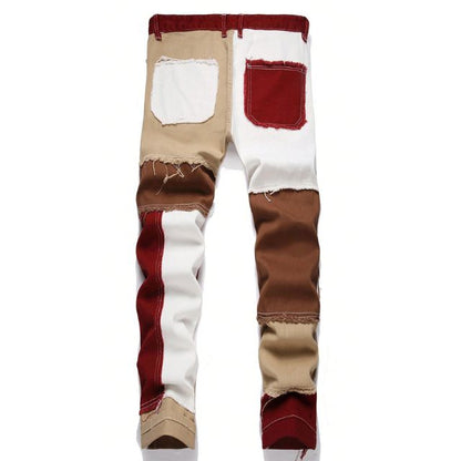 Men's Distressed Straight Slim Patchwork Jeans