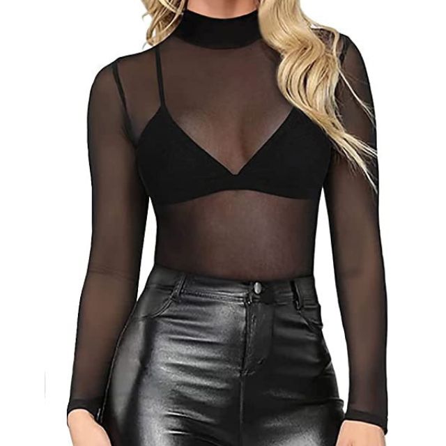 Women's Mesh Fitted Turtleneck Blouse