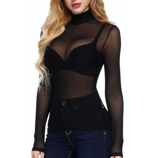 Women's Mesh Fitted Turtleneck Blouse