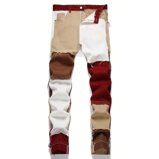 Men's Distressed Straight Slim Patchwork Jeans