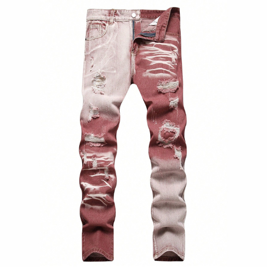 Men's Slim Block Patchwork Ripped Jeans