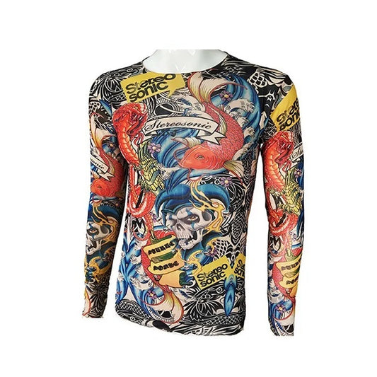 Long Sleeve Elastic Modal Thin All Over Print O-Neck Tattoo Shirt