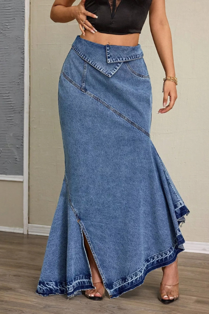 High-Waist Mermaid Ruffled Slit Denim Maxi Skirt