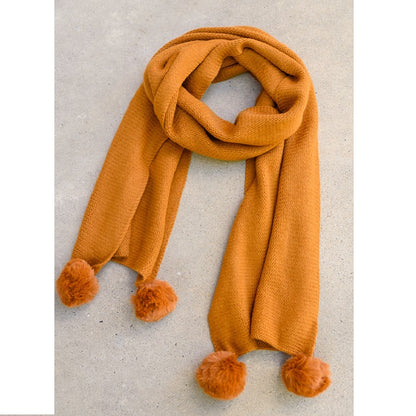 Long Ginger Knitted Pom Pom Scarf