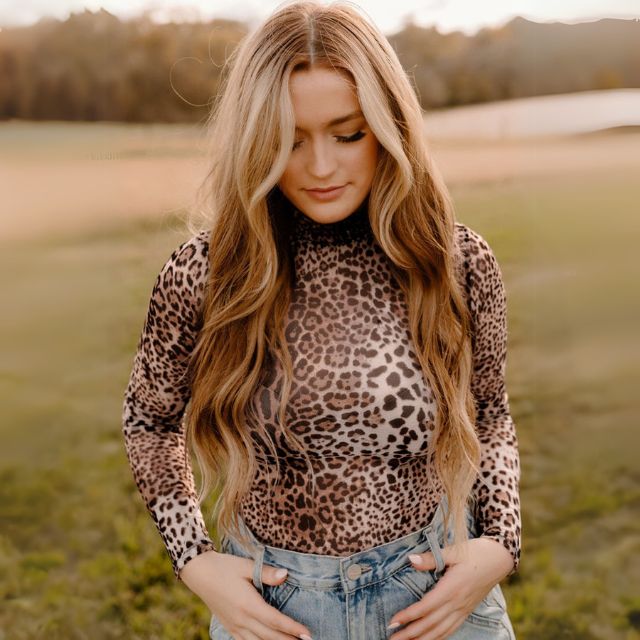 Leopard Print Smocked Neck Mesh Bodysuit