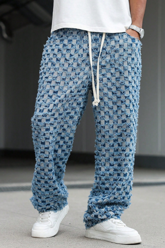 Men's Checkered Wide Leg Drawstring Jeans