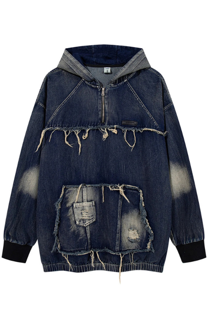 Men's Distressed Denim Patchwork Oversized Hoodie