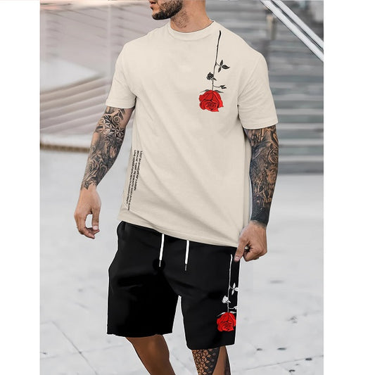 Men's Floral & Slogan Graphic Tee & Drawstring Waist Shorts Set