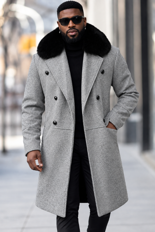 Men's Woolen Coat With Double Breasted Buttons And Shearling Collar