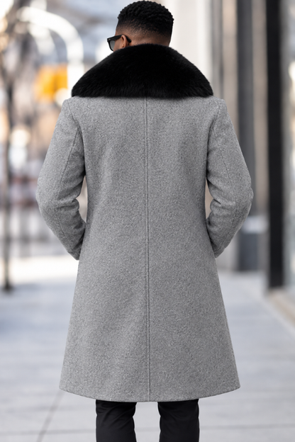 Men's Woolen Coat With Double Breasted Buttons And Shearling Collar