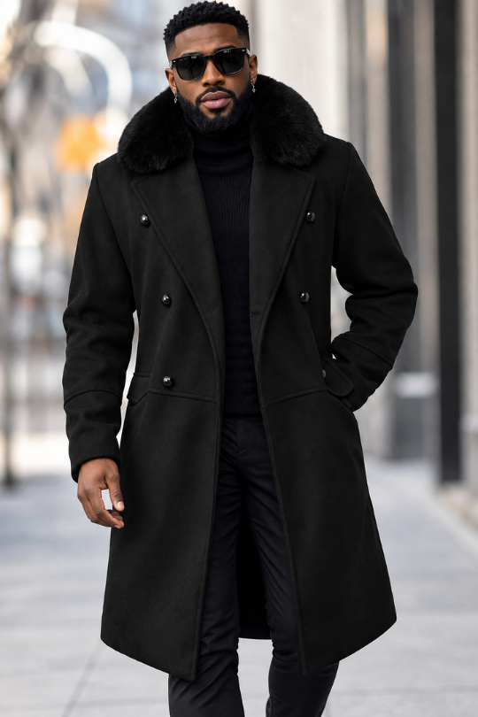 Men's Woolen Coat With Double Breasted Buttons And Shearling Collar