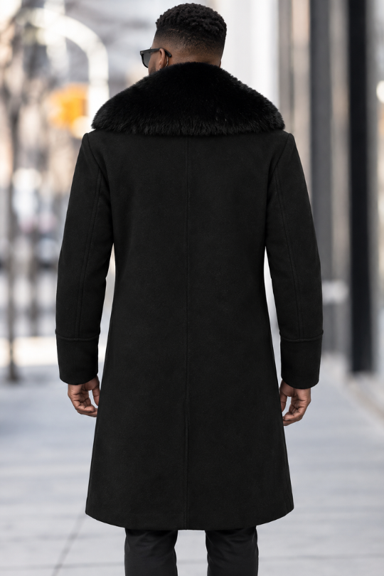 Men's Woolen Coat With Double Breasted Buttons And Shearling Collar