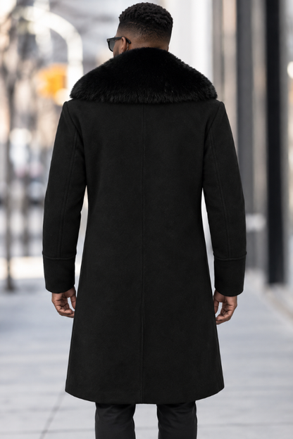 Men's Woolen Coat With Double Breasted Buttons And Shearling Collar