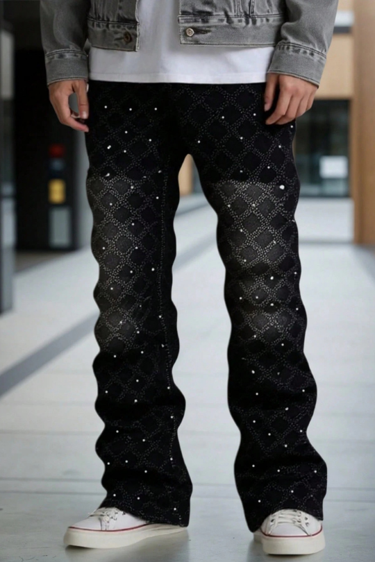 Men's Street Style Slim Fit Rhinestone Design Denim Jeans