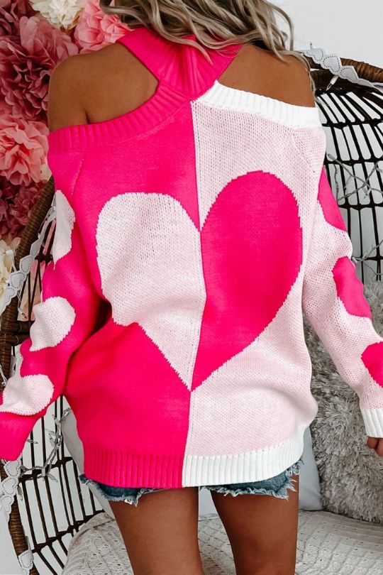 Valentine's Day Heart Turtleneck Cold Shoulder Sweater