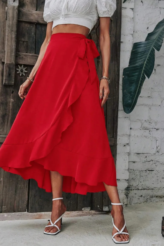 Women's Wrap Tied Ruffled Midi Skirt
