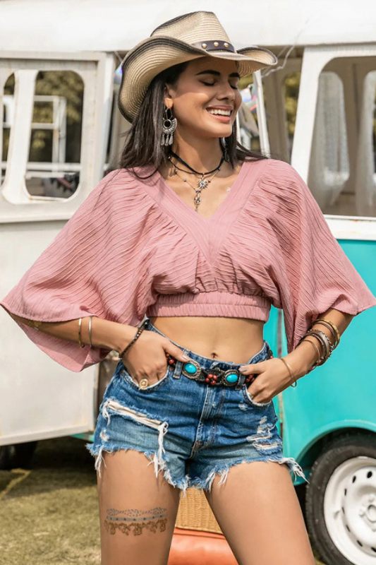 Textured V-Neck Crop Top