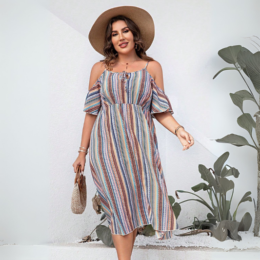 Plus Size Striped Cold-Shoulder Dress