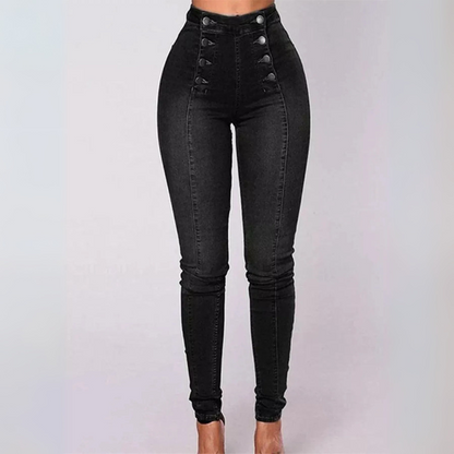 High-Waisted Double-Breasted Skinny Jeans