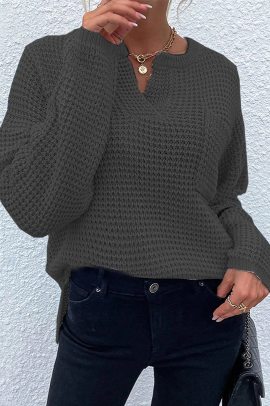 Women's Notched Long Sleeve Knitted Sweater