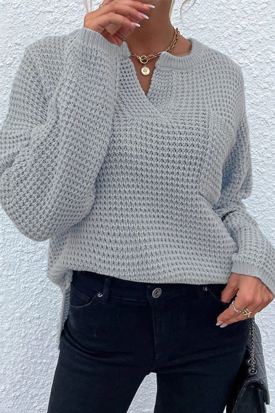 Women's Notched Long Sleeve Knitted Sweater