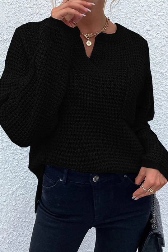 Women's Notched Long Sleeve Knitted Sweater