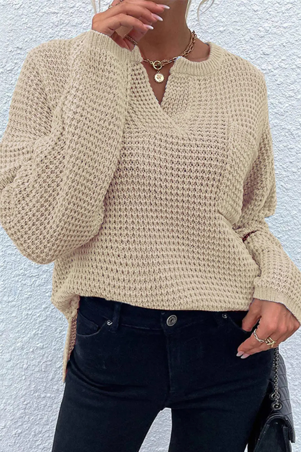 Women's Notched Long Sleeve Knitted Sweater