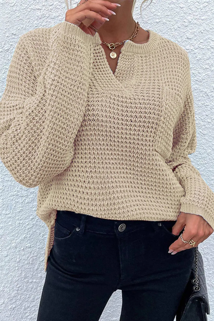 Women's Notched Long Sleeve Knitted Sweater