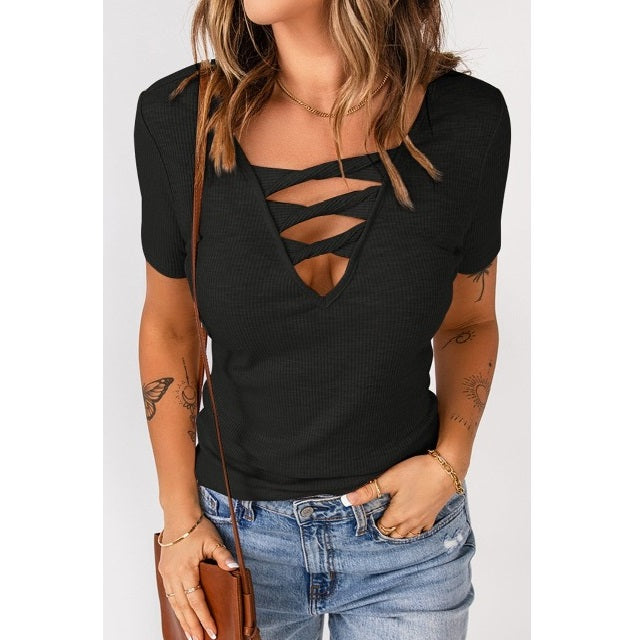 Shredded Ribbed Knit T-Shirt