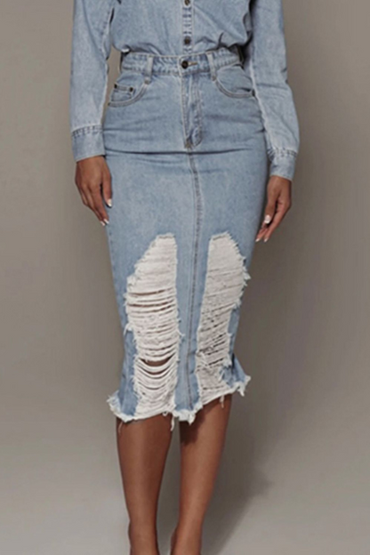 Women's Distressed Slit Midi Denim Skirt