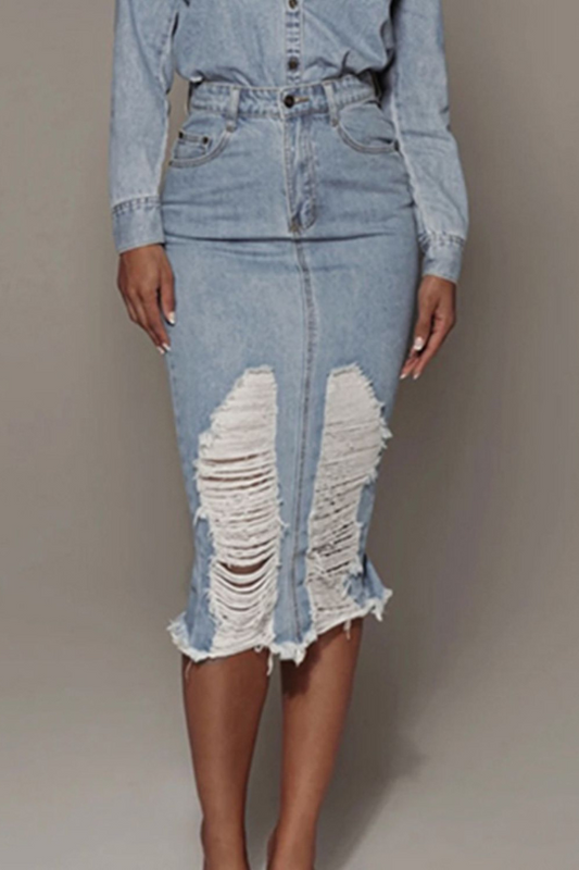 Women's Distressed Slit Midi Denim Skirt