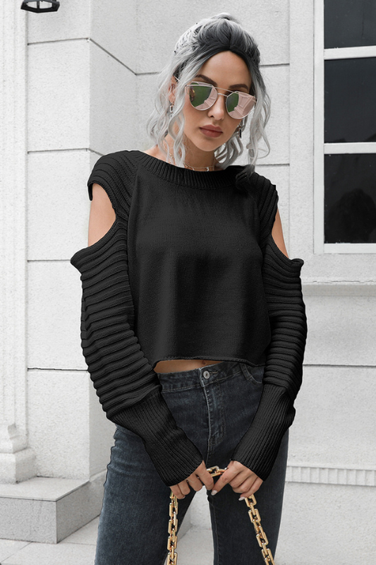 Women's Hollow Sleeve Ribbed Cropped Sweater