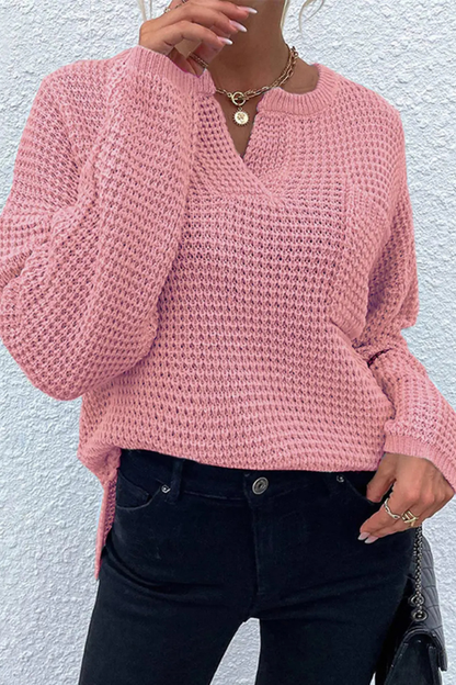 Women's Notched Long Sleeve Knitted Sweater