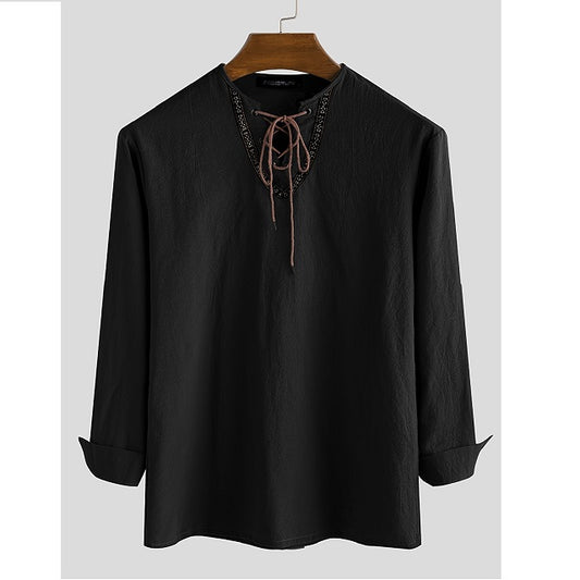 Men's Casual Loose Drawstring V Neck Long Sleeve Shirt