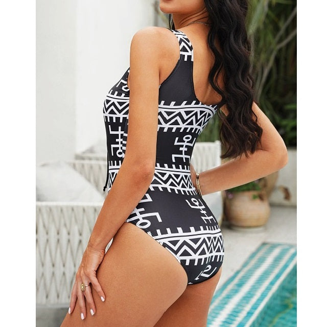 Geometric Lace-Up One-Piece Swimsuit