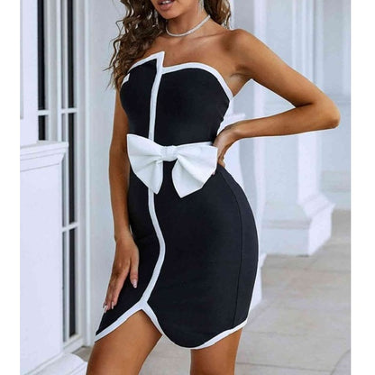 Strapless White Trim Bow Detail Mini Dress