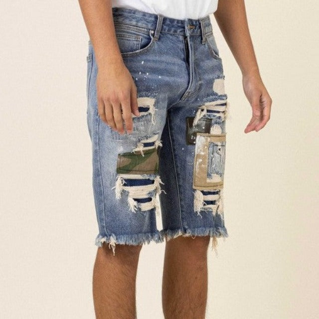 CAMO&TWILL PATCHED RIP&REPAIRED DENIM SHORTS