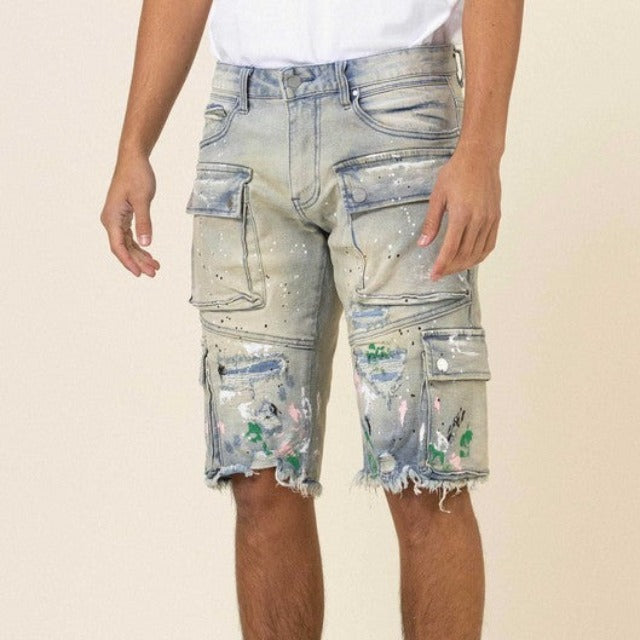 Painted Multi Cargo Denim Shorts