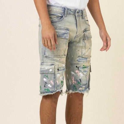 Painted Multi Cargo Denim Shorts