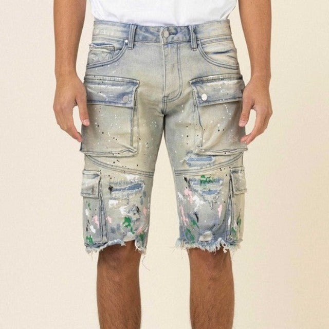 Painted Multi Cargo Denim Shorts