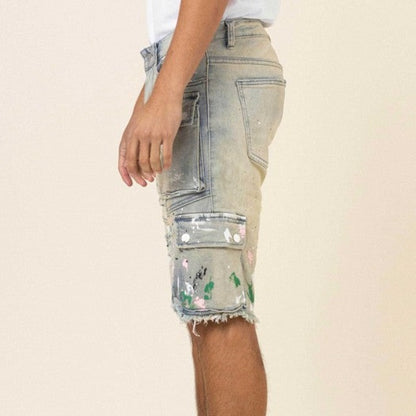 Painted Multi Cargo Denim Shorts