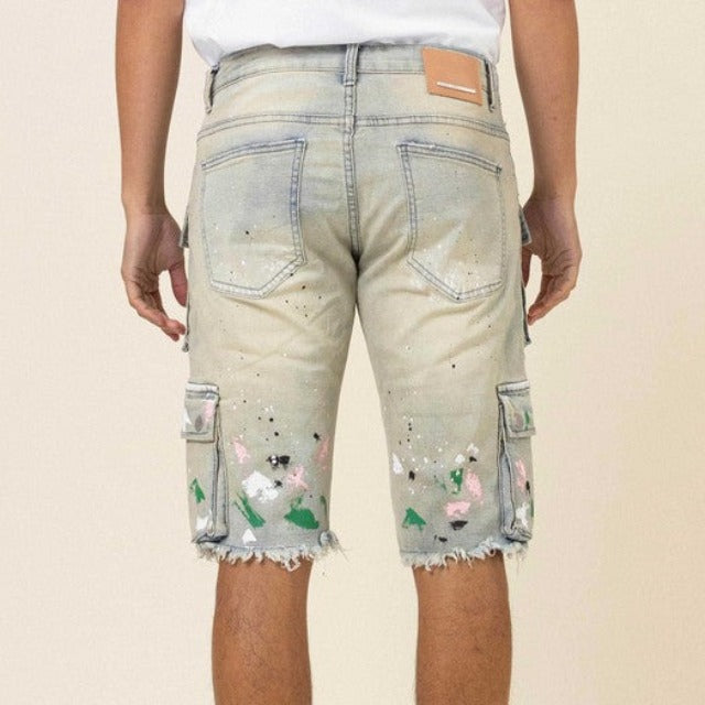 Painted Multi Cargo Denim Shorts