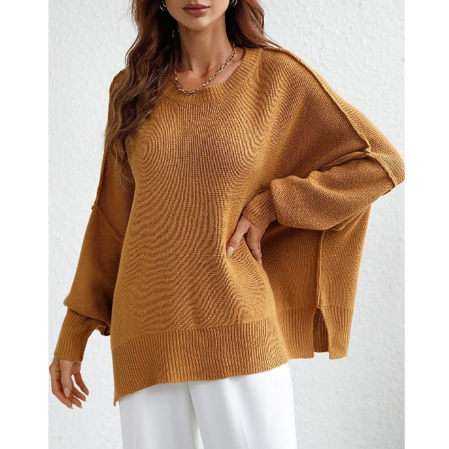 Seamy Dropped Shoulder Slit Sweater