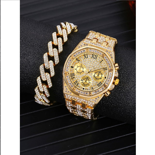 Men's Triple Dial Quartz Watch & 1pc Bracelet