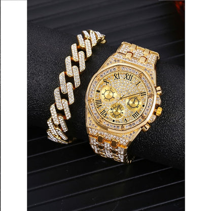 Men's Triple Dial Quartz Watch & 1pc Bracelet