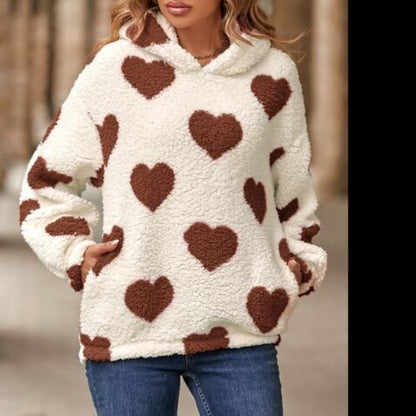 Fuzzy Heart Dropped Shoulder Hooded Sweater