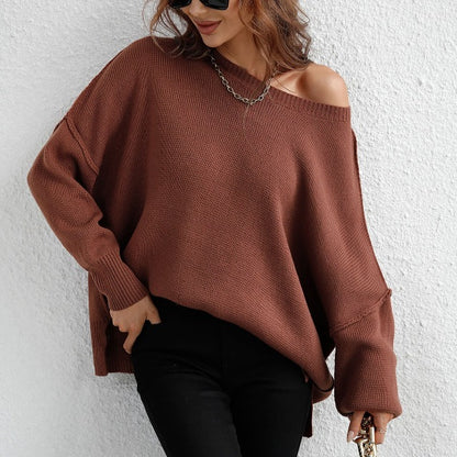 Seamy Dropped Shoulder Slit Sweater