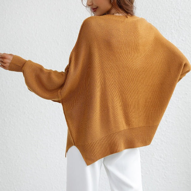 Seamy Dropped Shoulder Slit Sweater